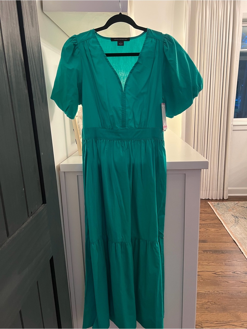 French Connection Teal Green V-Neck Puff Sleeve Maxi Dress